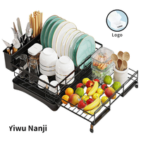 Égouttoir à vaisselle télescopique en acier au carbone laqué avec plateaux de rangement et porte-couverts, moderne, durable, mural pour cuisine