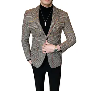 남자의 영국 세련된 빈티지 격자 무늬 재킷 남성 비즈니스 슬림 피트 격자 무늬 정장 남자 캐주얼 격자 무늬 재킷 플러스 크기 M-3XL