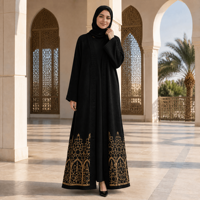 Abaya noire tricotée sur mesure pour femme, broderie dorée, devant ouvert, manches longues, robe kaftan musulmane, tenue modeste du Moyen-Orient, fabrication usine