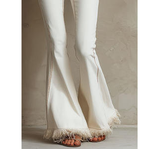 Jeans évasés pour femmes personnalisés, ourlet <span class=keywords><strong>effiloché</strong></span> <span class=keywords><strong>blanc</strong></span>, jeans évasés taille basse pour femmes - Product Image 2