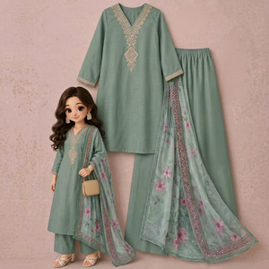 Ensemble Salwar Traditionnel Ethnique Brodé en Coton et Mousseline pour Femme avec Châle Floral – Respirant, Idéal pour le Quotidien Printemps-Été (Inde) - Product Image 1