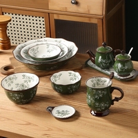 Service de vaisselle en céramique Bohème Vert Vigne avec décor sous-glaçure, design exquis pour les réceptions, compatible lave-vaisselle et micro-ondes