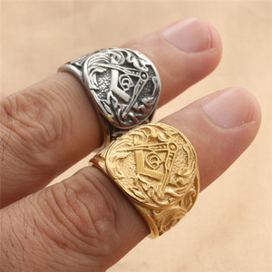 Freemason <b>Ring</b> Shield Shape Titanium Steel Men's Retro Punk Style Jewelry Gift Silver Gold 29045 - Product Image 2