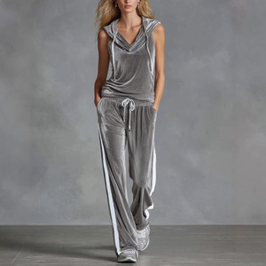 Ensemble deux pièces en velours pour femmes, sans manches, à capuche, pantalon long, décontracté, sportif, confortable, couleur unie, Xs S M L Xl Xxl - Product Image 1