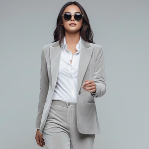 Elegante Conjunto de Pantalón y Blazer de Terciopelo Gris Claro para Mujer, con Blazer Entallado y Pantalones Ajustados, Diseño Formal para Negocios - Product Image 1