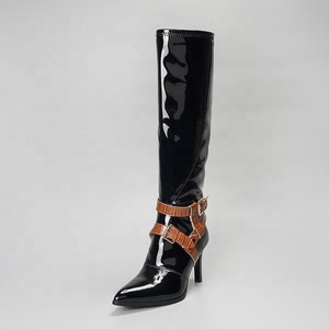 Marble Pattern Buckle Strap Big Size 43 Thin Heel Mirror Women Knee High <b>Boots</b> Back Zip Pointed Toe Dating Long for Lady - Product Image 2