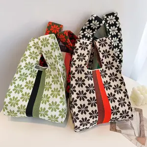 Promotion Colorful Knitted Tote Bag Reusable Shopping Handbag Woman Summer Beach Bag Vintage Handbag