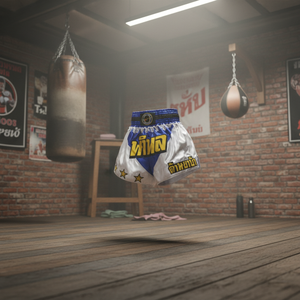 Elegante Blanco y Azul Satén Muay Thai Kickboxing Shorts Productos de boxeo de primera calidad - Product Image 3
