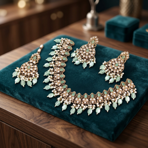 Ensemble collier ras-de-cou ethnique en alliage plaqué argent avec perles de cristal multicouches vert menthe émeraude et boucles d'oreilles clous en zircon cubique - Product Image 2