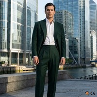 Jas Bisnis Pria Warna Hijau Racing Kerah V Double Breasted Bahan Wol OEM Custom Savile Row Modern Inggris Anti Kusut Jahitan Rapi