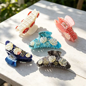<span class=keywords><strong>Pince</strong></span> à cheveux en acétate avec strass, motif étoile de mer <span class=keywords><strong>rose</strong></span>, bleu, coquillage, perle, requin, <span class=keywords><strong>crabe</strong></span>, pour femme, usage quotidien - Product Image 3