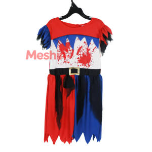 Disfraz de Pirata Sangriento para Niñas, Vestido Desgarrado Rojo y Azul con Estampado de Salpicaduras de Sangre - Product Image 1