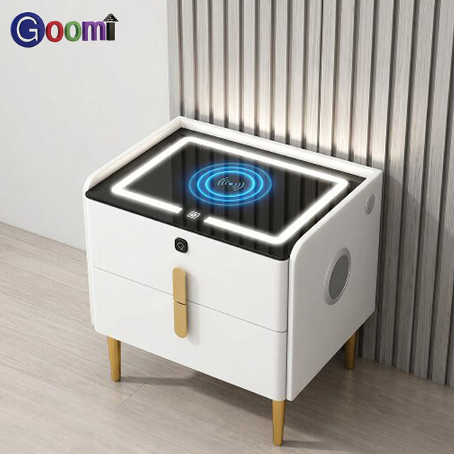 Goomi Home Smart Bedside Table Tri-color Light Wireless Charging USB Bluetooth Speaker Fingerprint Lock Storage Nightstand