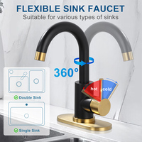 Petit robinet de cuisine et de salle de bain noir et or pour évier 1 ou 3 trous avec plaque de pont, robinet à poignée unique pour bar cuisine RV vanity