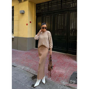 Ensemble deux pièces pour femme DEFILE, pull en tricot acrylique à motif écossais noir et robe, pour l'automne et l'hiver, tenue décontractée - Product Image 1