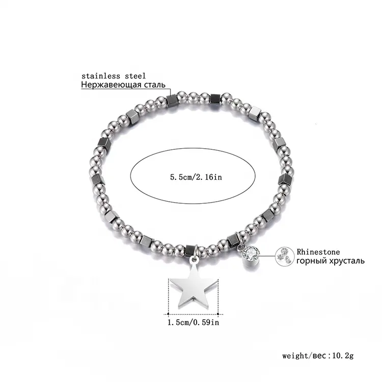 Custom Design Silver Star Pendant Charm Stainless Steel Bracelets Women Girl Crystal Round Square Beads Bracelet