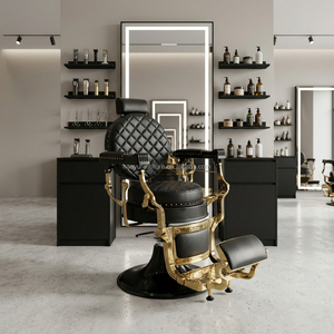 Sillón de <span class=keywords><strong>Barber</strong></span>ía de la Mejor Calidad con Base Redonda, Reclinable, en Cuero Dorado y Negro para Hombres, para <span class=keywords><strong>Barber</strong></span>ía - Product Image 1