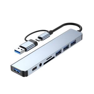 <span class=keywords><strong>Hub</strong></span> USB <span class=keywords><strong>double</strong></span> tête 8-en-2 Type C avec lecteur de cartes TF/SD USB 3.0 et audio 3,5 mm pour ordinateur portable - Product Image 1