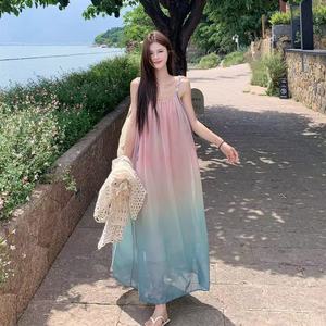 Korean Style Gradient Beach Sundress Square Neck Natural Waist Breathable Swim Cover Up Summer Vacation Dress - Product Image 5