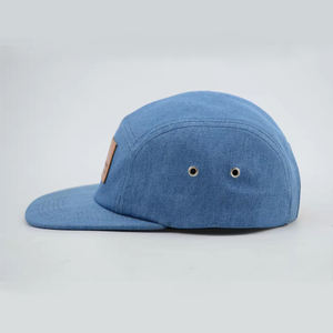 Parche de cuero personalizado 5 paneles 5 cinco paneles Denim Camp Camping <span class=keywords><strong>Camper</strong></span> Hat Cap con correa de cuero espalda Logotipo de cuero - Product Image 5