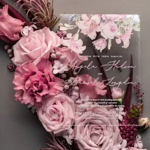 großhandel rosa rose blumenbild eleganter laserschnitt süßer fünfzehnter quinceanera klar acryl hochzeitseinladungen mit