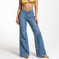 Jean décontracté pour femme, taille mi-haute, coupe large, style vintage, brodé de cristaux et de strass, motif galaxie, en denim écologique, idéal pour l'hiver