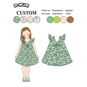 Robe en coton à imprimé floral vert tendance pour filles de 2 à 6 ans avec col en V, manches volantées et nœud décoratif sur la poitrine pour le quotidien - Product Image 1