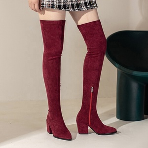 Stretch Suede Long Style Thigh High <b>Boots</b> Pointy Toe Square Medium Heels Over the Knee Custom Large Size 48 Women Shoes - Product Image 5