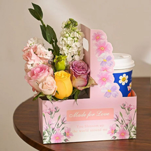 Panier à fleurs simple avec deux tasses à café, arrangement floral, matériel de bricolage floral, bouquet, boîte cadeau avec poignée - Product Image 6