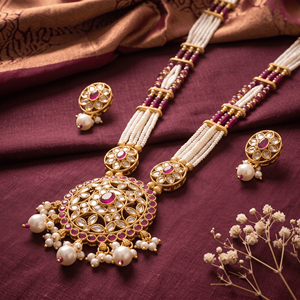 Royal <b>Ruby</b> Red Kundan Pendant Pearl Mala <b>Necklace</b> Gold Plated Beaded Long Haram Matching Earrings Traditional Bridal Wear - Product Image 3