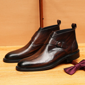 Leather Men's High-Top English Embossed Pointed-<b>Toe</b> Business Formal Short Boots Retro Embossing - Product Image 2