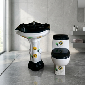 Ensemble de salle de bain en céramique Vitrosa noir, comprenant une toilette monobloc et un lavabo sur pied, motif floral, articles sanitaires - Product Image 1