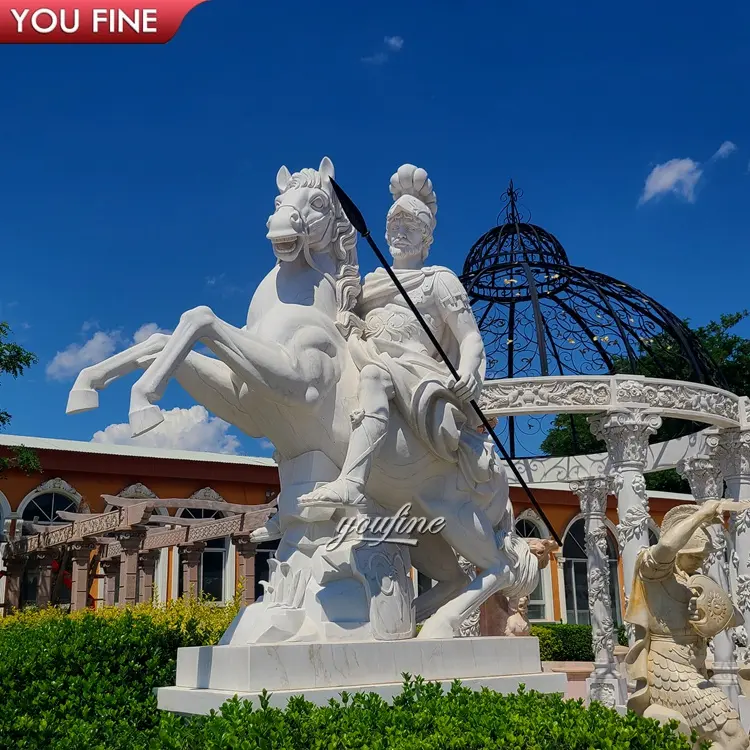 Famoso di Alta Qualità Intagliato A Mano Naturale di Pietra Guerriero Statua di Grandi Dimensioni di Marmo A Cavallo Scultura Uomo