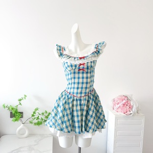 Vestido de Verano Estilo Francés Retro a Cuadros Azules con Mangas Cortas y un Toque de Elegancia, Vestido con Volumen - Product Image 1