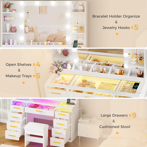 <span class=keywords><strong>Coiffeuse</strong></span> avec miroir et lumière, grande taille, plateau en verre transparent, 9 tiroirs RGB, 4 <span class=keywords><strong>étagère</strong></span>s, ensemble de <span class=keywords><strong>coiffeuse</strong></span> avec tabouret - Product Image 4