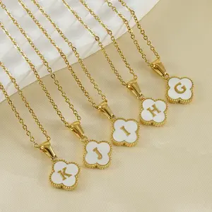 Four Leaf Clover Initial Letter A to Z Alphabet Pendant Jewelry Necklace for Women Girls Gold Plated Stainless Steel Sets 2024