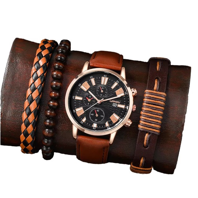 2026 Fashion Watch Wholesale Men's Black Gold Calendar Sports Business Bracelet Quartz Watch Set
