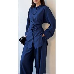 Nouvel ensemble deux pièces style chinois pour <span class=keywords><strong>femme</strong></span>, chemise à col montant et taille cintrée, <span class=keywords><strong>pantalon</strong></span> large, <span class=keywords><strong>tenue</strong></span> <span class=keywords><strong>orientale</strong></span> rétro - Product Image 1