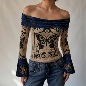 Vintage butterfly print <b>off</b> <b>shoulder</b> flared sleeve slim <b>top</b> ethnic unique design <b>off</b> <b>shoulder</b> slim flattering T shirt - Product Image 1