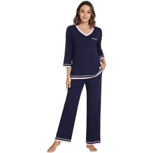 Ensemble de pyjamas pour femmes personnalisés en viscose de bambou, haut à manches 3/4, pantalon doux avec poche, tailles S-XXL - Product Image 1