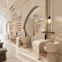 Aménagement clé en main de salon de beauté de luxe, style Wabi-Sabi, crème, minimaliste, clinique, acier inoxydable, spa incurvé, LED, écologique, robuste
