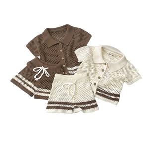 Bebé de verano ahuecado solapa de punto de ganchillo suéter cárdigan + Pantalones cortos conjunto de bebé suéter de dos piezas conjunto - Product Image 1