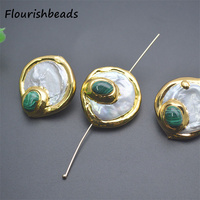 Accessoires de bijouterie, plaqué or 18 carats, métal cuivre, forme de pièce ronde, pierre de malachite synthétique, perles d'eau douce naturelles, perles en vrac