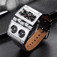 Oulm 9525 Quartz mâle hommes grande taille mode horloge extérieure trois fuseaux horaires montres de sport en cuir véritable montre Relogio Masculino