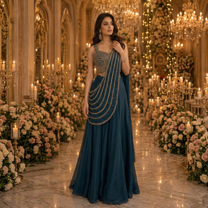 Élégante robe de mariée longue en soie bleu marine avec broderies dorées, style Lehenga Choli, pour femmes, style Inde Pakistan. - Product Image 1