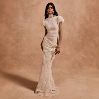 Robe de Soirée de Luxe Personnalisée, Robes de Bal, Robe Blanche en Dentelle à Col Montant avec Fermeture Éclair pour Robes de Bal de Fin d'Année, Robes de Dîner pour Femmes