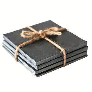 Factory Wholesale Custom LOGO Stone Coffee Drink Mug <b>Placemat</b> Set Bulk Square <b>Black</b> Slate <b>Coasters</b> With Holder - Product Image 4