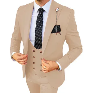 Homens formais 3 peças smoking de noivo slim fit ternos de negócios champanhe terno de casamento traje masculino (blazer + calça + colete)