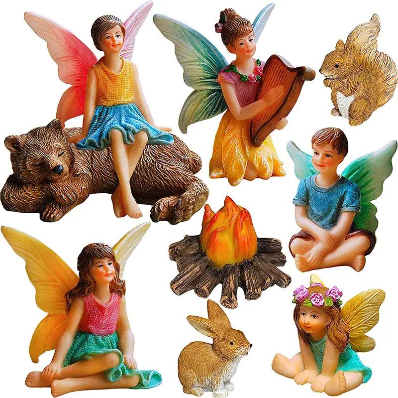 Fairy Garden Miniature Fairies Figurines Accessories - Camping Kit Of 9 Pcs - Set For Outdoor Or House Decor