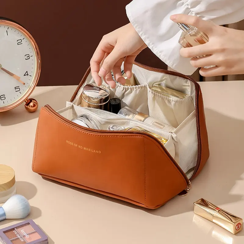 Bolsa de cosméticos con mango impermeable de alta calidad, estuche de cuero pu con cremallera para maquillaje